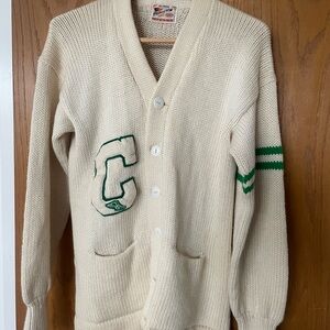 Vintage Cream Collegiate Sweater with Green Accents